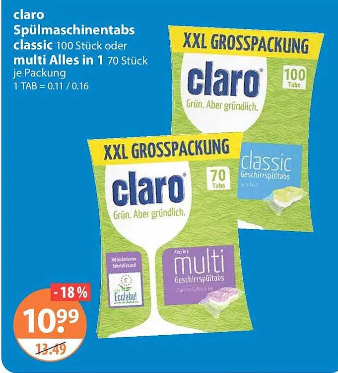 claro Spülmaschinentabs classic 100 Stück oder multi Alles in 1 70 Stück je Packung