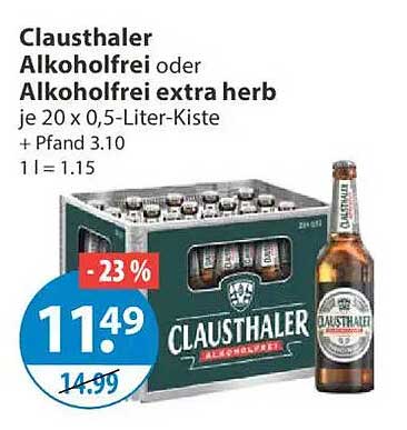 Clausthaler Alkohol oder Alkoholfrei extra herb je 20 x 0,5-Liter-Kiste + Pfand 3.10 1 l = 1.15