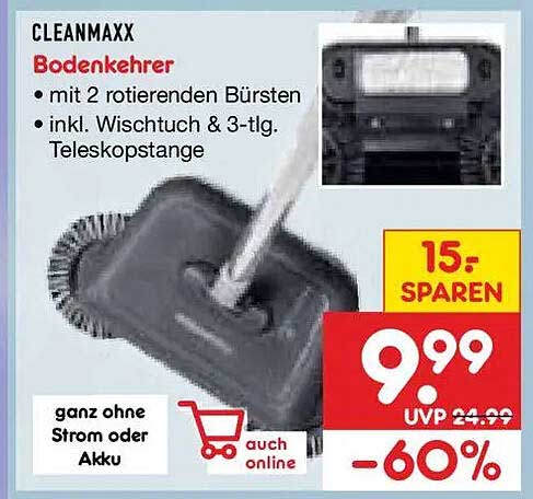 CLEANMAXX Bodenkehrer mit 2 rotierenden Bürsten inkl. Wischtuch & 3-tlg. Teleskopstange