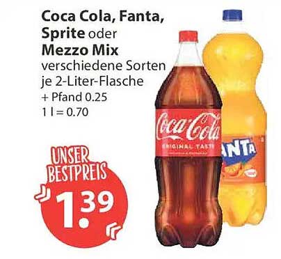 Coca Cola, Fanta, Sprite oder Mezzo Mix verschiedene Sorten je 2-Liter-Flasche + Pfand 0.25 1 l = 0.70