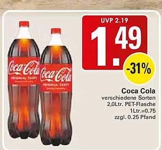 Coca Cola verschiedene Sorten 2,0Ltr. PET-Flasche 1Ltr.=0.75 zzgl. 0.25 Pfand