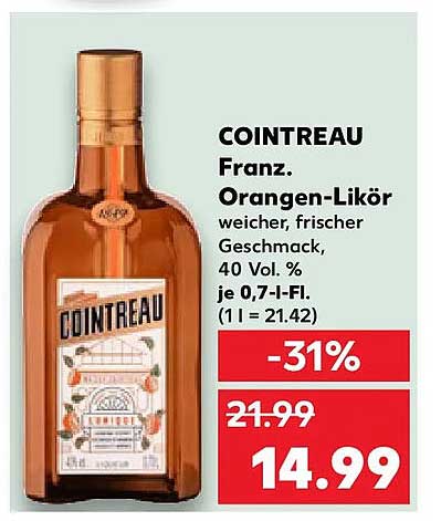 COINTREAU Franz. Orangen-Likör weicher, frischer Geschmack, 40 Vol. % je 0,7-l-Fl. (1 l = 21.42)