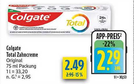 Colgate Total Zahncreme Originale 75 ml Packung 1l = 33,20 n. G. 2,95