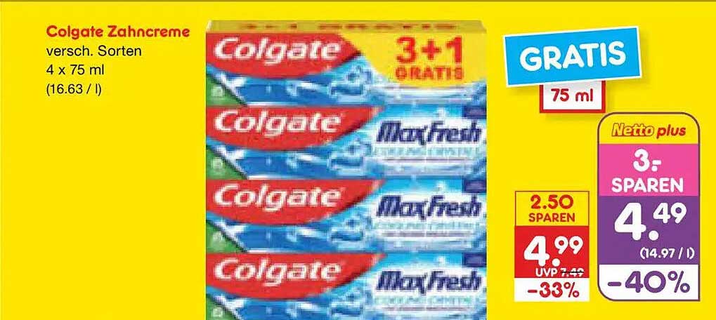 Colgate Zahncreme versch. Sorten 4 x 75 ml (16.63 / l)