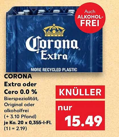 CORONA Extra oder Cero 0.0 % Bierspezialität, Original oder alkoholfrei (+ 3.10 Pfand) je Ka. 20 x 0,355-l-Fl. (1l = 2.19)