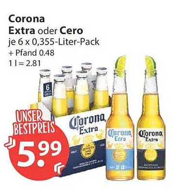 Corona Extra oder Cero je 6 x 0,355-Liter-Pack + Pfand 0.48 1 l = 2.81