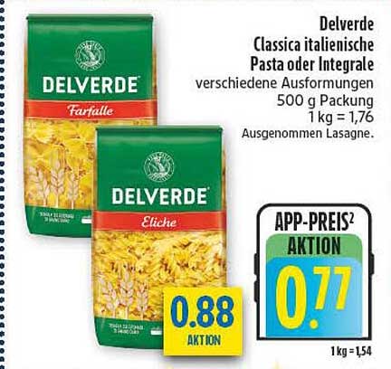 Delverde Classica italienische Pasta oder Integrale verschiedene Ausformungen 500 g Packung 1 kg = 1,76 Ausgenommen Lasagne.