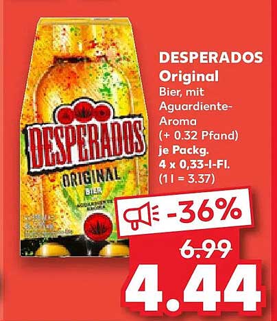DESPERADOS Original Bier, mit Aguardiente-Aroma (+ 0.32 Pfand) je Pack. 4 x 0,33-l-Fl. (1 l = 3.37)