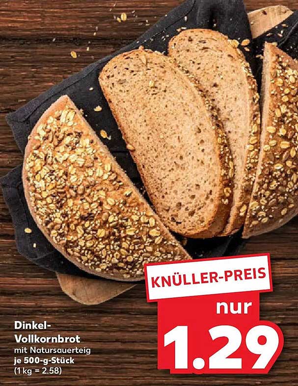 Dinkel-Vollkornbrot mit Natursauerteig je 500-g-Stück (1 kg = 2,58)