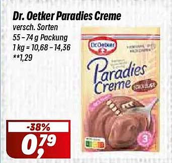 Dr. Oetker Paradies Creme versch. Sorten 55 - 74 g Packung 1 kg = 10,68 - 14,36