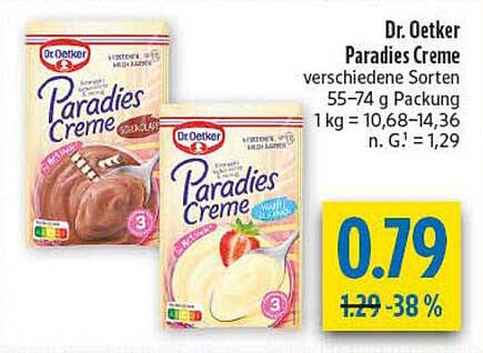 Dr. Oetker Paradies Creme verschiedene Sorten 55–74 g Packung 1 kg = 10,68–14,36 n. G.1 = 1,29