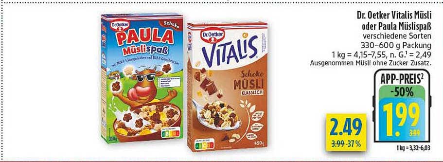Dr. Oetker Vitalis Müsli oder Paula MüsliSpaß verschiedene Sorten 330–600 g Packung
