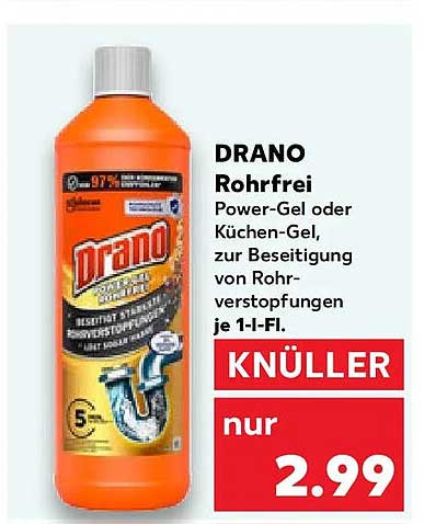 DRANO Rohrfrei Power-Gel oder Küchen-Gel, zur Beseitigung von Rohrverstopfungen, je 1-l-Fl.