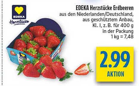 EDEKA Herzstücke Erdbeeren aus den Niederlanden/Deutschland, aus geschütztem Anbau, Kl. I, z. B. für 400 g in der Packung 1 kg = 7,48