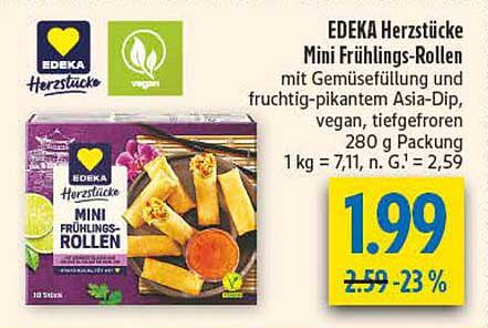 EDEKA Herzstücke Mini Frühlings-Rollen mit Gemüsefüllung und fruchtig-pikantem Asia-Dip, vegan, tiefgefroren, 280 g Packung