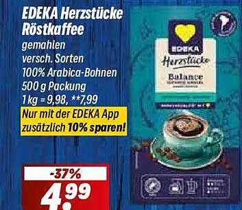 EDEKA Herzstücke Röstkaffee gemahlen versch. Sorten 100% Arabica-Bohnen 500 g Packung 1 kg = 9,98,**7,99 Nur mit der EDEKA App zusätzlich 10% sparen!