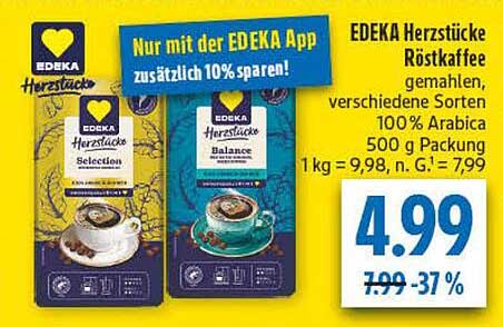 EDEKA Herzstücke Röstkaffee gemahlen, verschiedene Sorten 100 % Arabica 500 g Packung