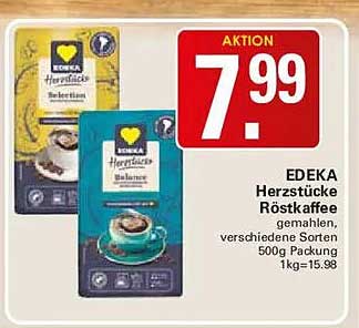 EDEKA Herzstücke Röstkaffee gemahlen, verschiedene Sorten, 500g Packung 1kg=15.98