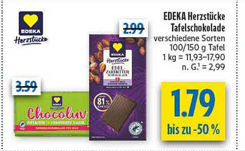 EDEKA Herzstücke Tafelschokolade verschiedene Sorten 100/150 g Tafel 1 kg = 11,93-17,90 n. G.: = 2,99