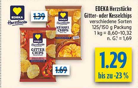 EDEKA Herztücke Gitter- oder Kesselchips verschiedene Sorten 125/150 g Packung
