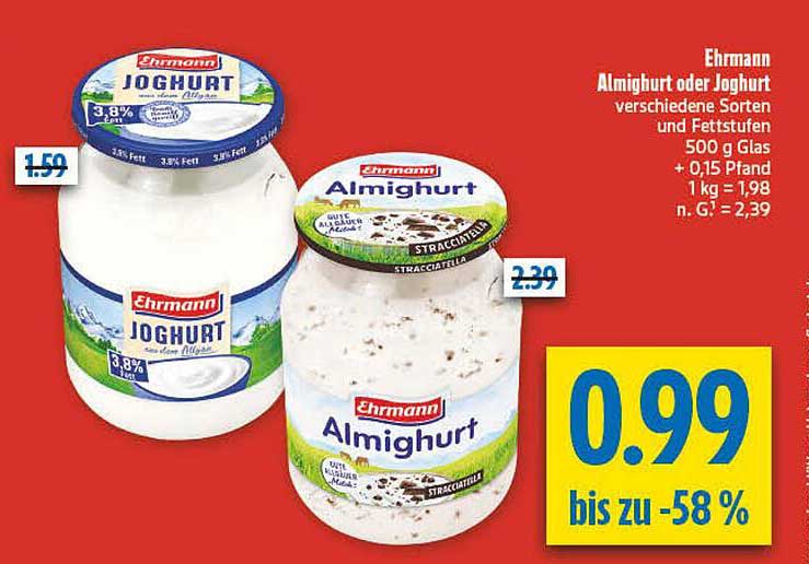 Ehrmann Almighurt oder Joghurt verschiedene Sorten und Fettstufen 500 g Glas + 0,15 Pfand