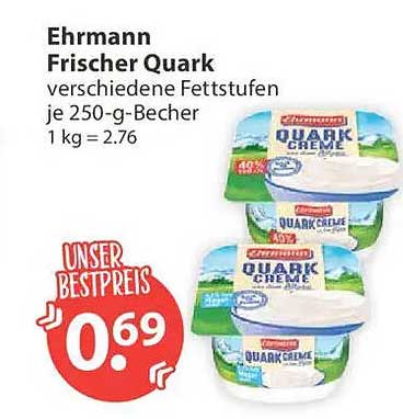 Ehrmann Frischer Quark verschiedene Fettstufen je 250-g-Becher 1 kg = 2.76