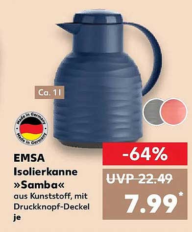 EMSA Isolierkanne »Samba« aus Kunststoff, mit Druckknopf-Deckel, ca. 1 l