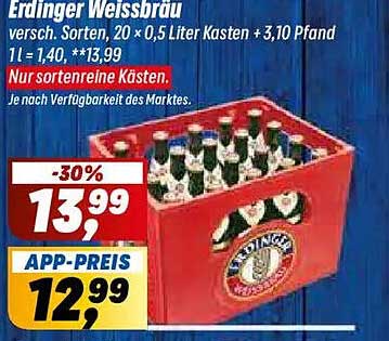 Erdinger Weissbräu verschieden Sorten, 20 x 0,5 Liter Kasten + 3,10 Pfand 1=1,40, **13,99