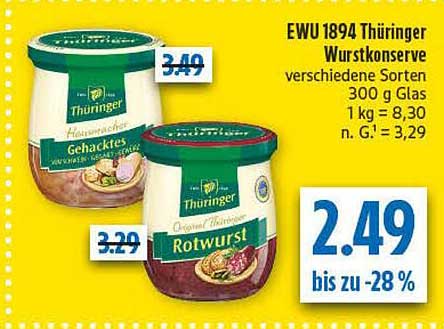 EWU 1894 Thüringer Wurstkonserve verschiedene Sorten 300 g Glas 1 kg = 8,30 n. G. = 3,29