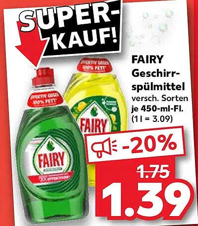 FAIRY Geschirrspülmittel versch. Sorten je 450-ml-Fl. (1 l = 3.09)