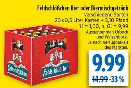 Feldschlösschen Bier oder Biermischgetränk verschiedene Sorten 20 x 0,5 Liter Kasten + 3,10 Pfand 1 l = 1,00, n. G. = 9,99 Ausgenommen Urblock und Weizenbock. Je nach Verfügbarkeit des Marktes.