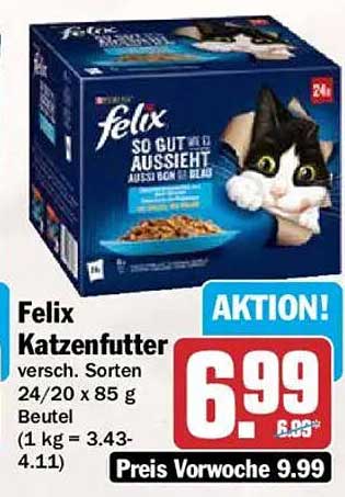 Felix Katzenfutter versch. Sorten 24/20 x 85 g Beutel (1 kg = 3.43-4.11)