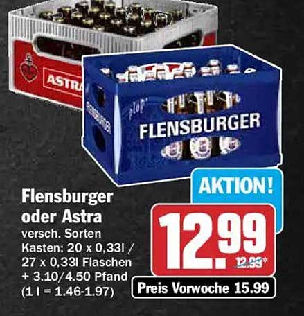 Flensburger oder Astra versch. Sorten Kasten: 20 x 0,33l / 27 x 0,33l Flaschen + 3.10/4.50 Pfand (1 l = 1.46-1.97)