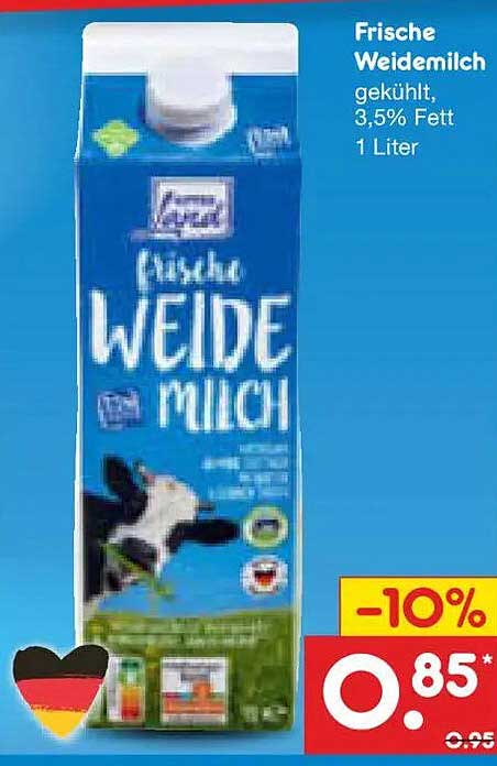 Frische Weidemilch gekühlt, 3,5% Fett 1 Liter