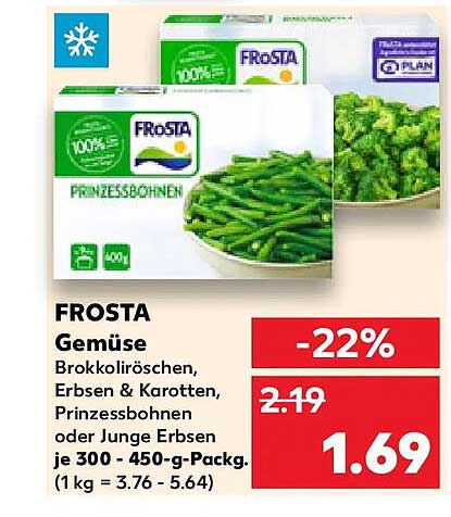 FROSTA Gemüse Brokkoliröschen, Erbsen & Karotten, Prinzessbohnen oder Junge Erbsen je 300 - 450-g-Packg. (1 kg = 3.76 - 5.64)