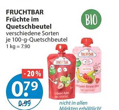 FRUCHTBAR Früchte im Quetschbeutel verschiedene Sorten je 100-g-Quetschbeutel 1 kg = 7.90