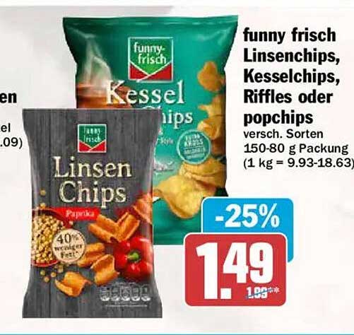 funny frisch Linsenchips, Kesselchips, Riffles oder popchips