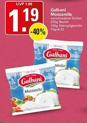 Galbani Mozzarella verschiedene Sorten 225g Beutel 125g Abtropfgewicht 1kg=9,52