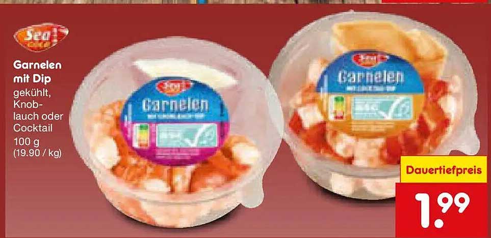 Garnelen mit Dip gekühlt, Knoblauch oder Cocktail 100 g (19.90 / kg)
