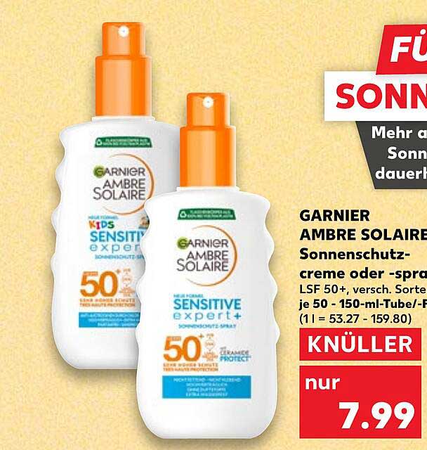 GARNIER AMBRE SOLAIRE Sonnenschutzcreme oder -spray LSF 50+, versch. Sorten je 50 - 150-ml-Tube/-Pumpe/-Spray