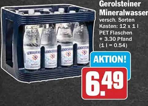 Gerolsteiner Mineralwasser versch. Sorten Kasten: 12 x 1 l PET Flaschen + 3.30 Pfand (1 l = 0.54) AKTION!
