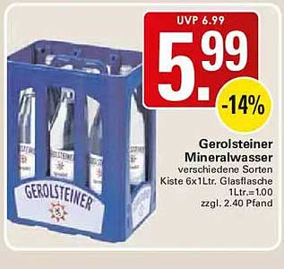 Gerolsteiner Mineralwasser verschiedene Sorten Kiste 6x1Ltr. Glasflasche 1Ltr.=1.00 zzgl. 2.40 Pfand