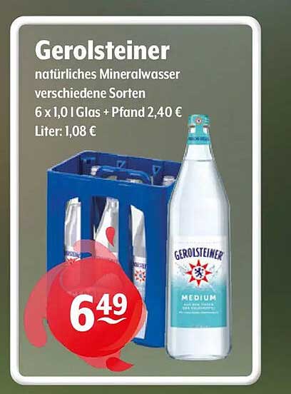 Gerolsteiner natürliches Mineralwasser verschiedene Sorten 6 x 1,0 l Glas + Pfand 2,40 € Liter: 1,08 €