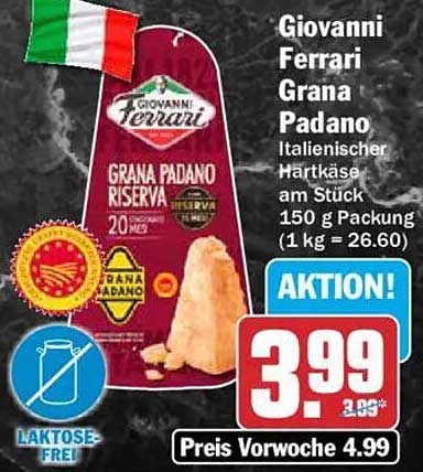 Giovanni Ferrari Grana Padano Italienischer Hartkäse am Stück 150 g Packung (1 kg = 26.60)