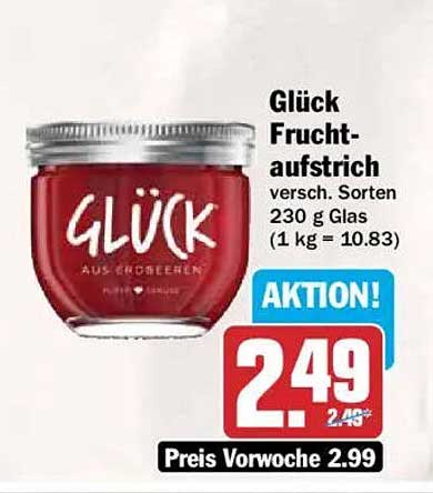 Glück Fruchtaufstrich versch. Sorten 230 g Glas (1 kg = 10.83)