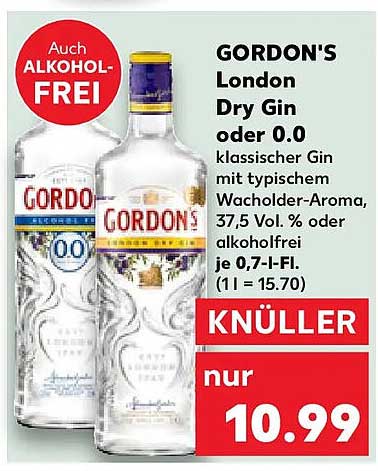 GORDON’S London Dry Gin oder 0.0 klassischer Gin mit typischem Wacholder-Aroma, 37,5 Vol. % oder alkoholfrei je 0,7-l-Fl. (1 l = 15.70)