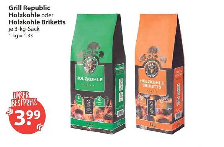 Grill Republic Holzkohle oder Holzkohle Briketts je 3-kg-Sack 1 kg = 1.33