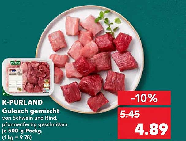 Gulasch gemischt von Schwein und Rind, pfannenfertig geschnitten, je 500-g-Packg. (1 kg = 9.78)