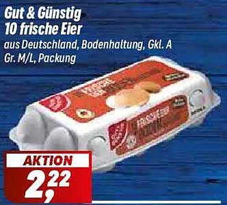 Gut & Günstig 10 frische Eier aus Deutschland, Bodenhaltung, Gkl. A Gr. M/L, Packung
