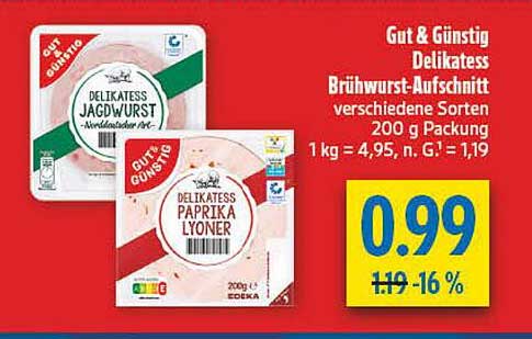 Gut & Günstig Delikatess Brühwurst-Aufschnitt verschiedene Sorten 200 g Packung